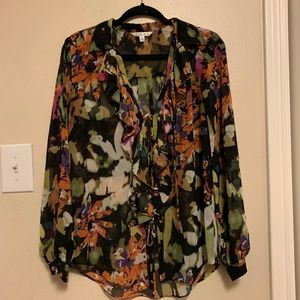 Cabi floral long sleeve ruffle sheer blouse